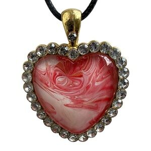 Handmade Pink Red Fluid Art Heart Pendant Necklace Gold Rhinestone Halo